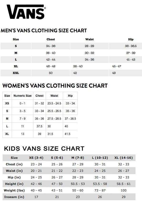 Vans Missy Size Chart