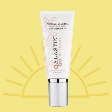 A tube of Alastin Skincare Hydratint Pro Mineral Sunscreen against a yellow background with a sun illustration