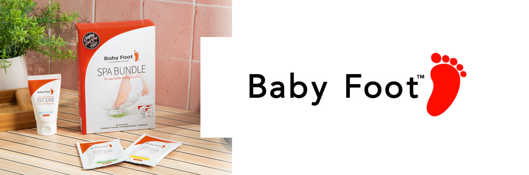 The Baby Foot Spa Bundle, on a wooden slat surface, against a pink tile wall, with the Baby Foot logo on a white background next to it.