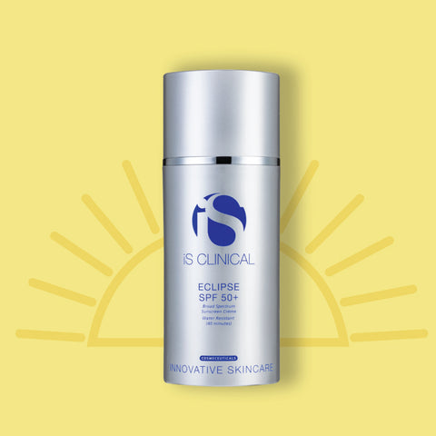 A bottle of iS Clinical Eclipse SPF 50+ against a yellow background with a sun illustration.