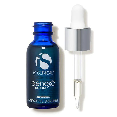 A blue bottle of iS Clinical GeneXc Serum with the dropper removed to show the liquid inside.
