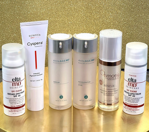 Products 5-1: EltaMD UV Clear Tinted, Osmosis MD Rescue Epidermal Repair Serum, AnteAGE System MD, Cyspera Intensive Pigment Corrector, EltaMD UV Clear Untinted