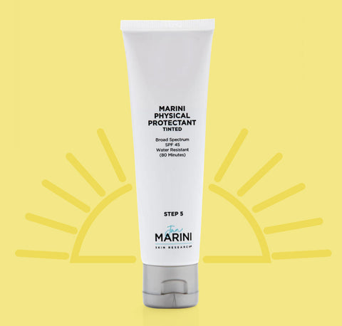 A tube of Jan Marini Physical Protectant Tinted Sunscreen against a yellow background with a sun illustration.