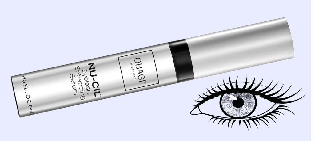 A tube of Obagi Nu-Cil Eyelash Enhancing Serum, with an illustration of an eye on a pale blue background