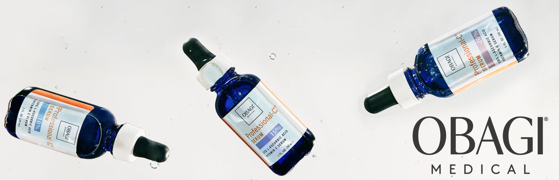 Three blue bottles of Obagi Professional C serum scattered across a light grey background with the Obagi Medical logo in the lower right corner.