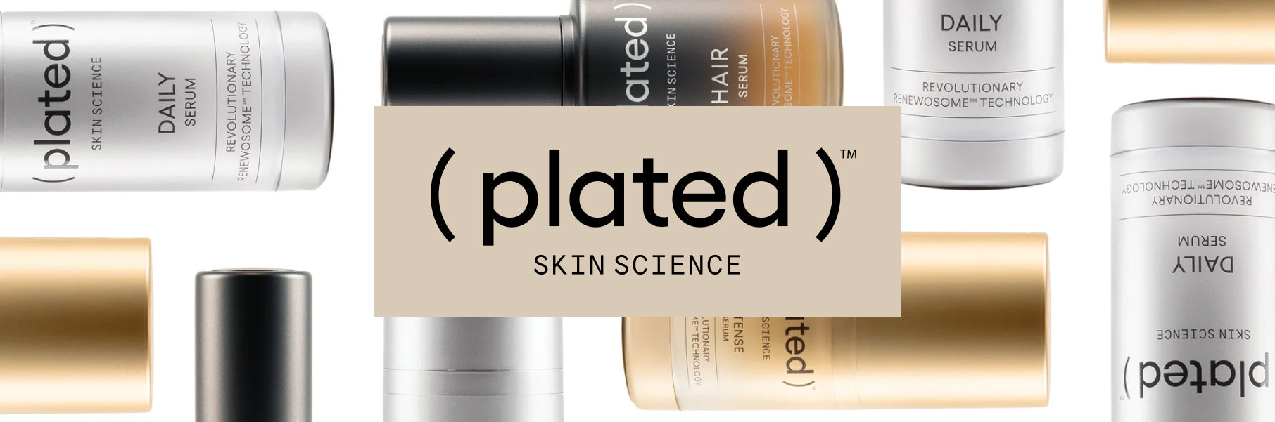 Several Plated Skin Science products arranged artistically, with the Plated logo superimposed.