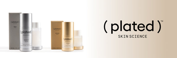 Two Plated Skin Science products in front of a white to gold gradient background with the Plated logo on the right.