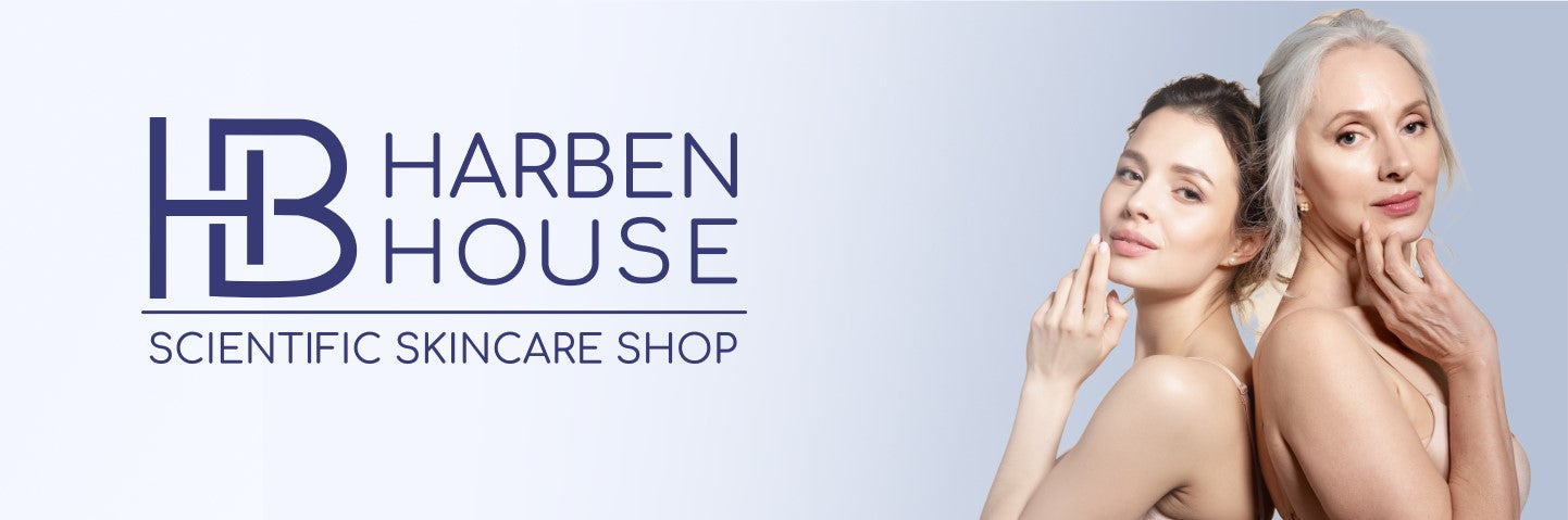 The Harben House Logo with the text Scientific skincare in blue, next to two women standing back to back and touching their faces.