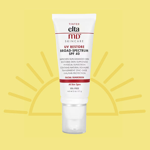 A tube of EltaMD UV Restore SPF 40 against a yellow background with a sun illustration.