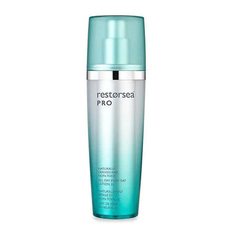 A blue and silver bottle of Restorsea Pro All Day Every Day 3X Lotion