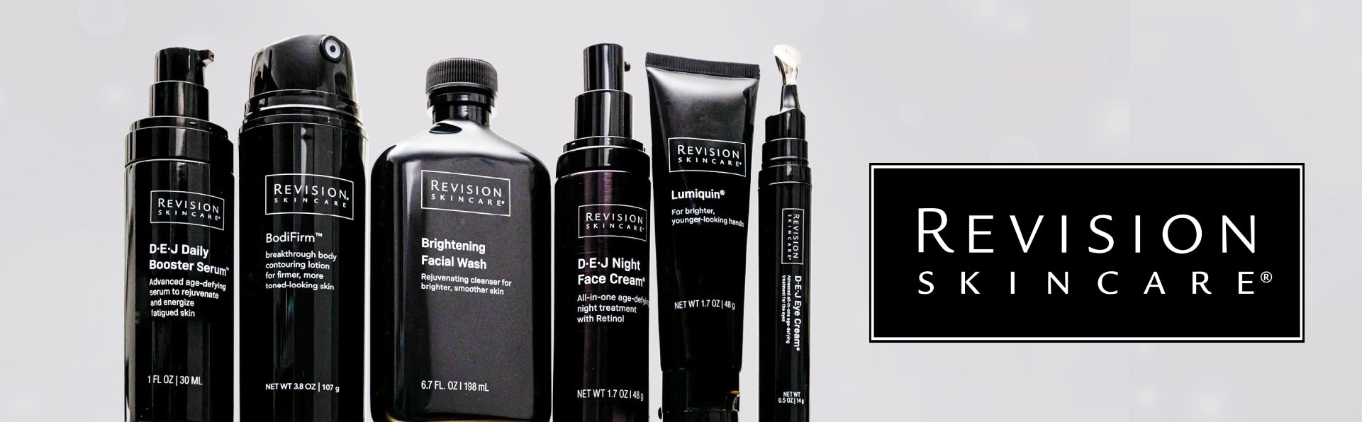 Several Revision Skincare products lined up against a pale grey background, with the Revision Skincare logo in black and white to the right