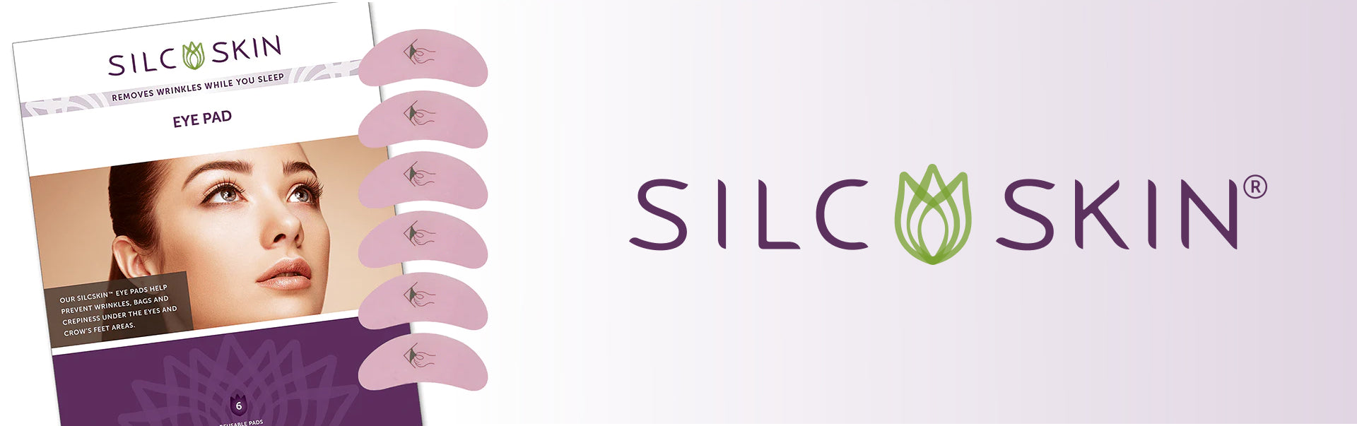 A package of Silcskin Eye Pads next to the Silcskin logo against a gradiant background from white to light purple