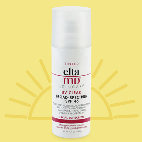 A bottle of EltaMD UV Clear Tinted Sunscreen against a yellow background with a sun illustration.
