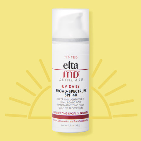 A bottle of EltaMD UV Daily Tinted Sunscreen against a yellow background with a sun illustration.