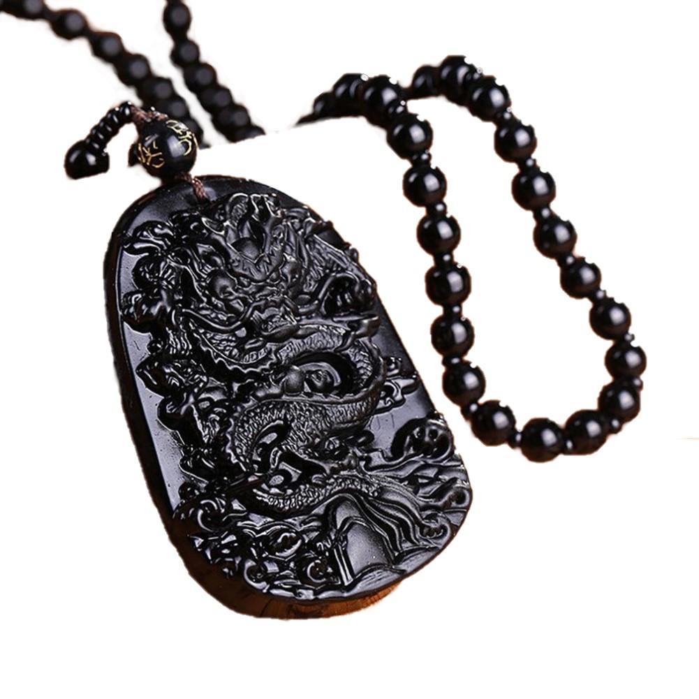 18k gold plated dragon carved obsidian necklace