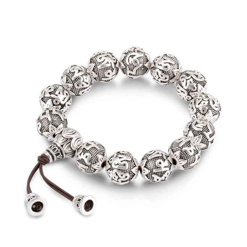 Sacred Lotus Om Mantra Silver Prayer Bracelet