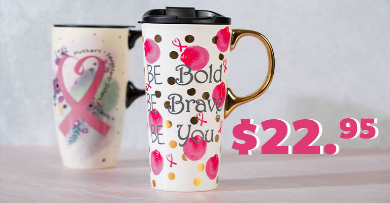 Pink Ribbon Gift Boxed Ceramic Travel Mug | $22.95