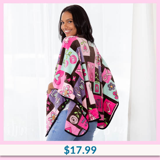 Super Cozy™ Fleece Pink Ribbon Love Pocket Shawl - $17.99