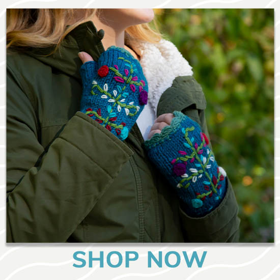 Flower Embroidery Fingerless Mittens - Shop Now