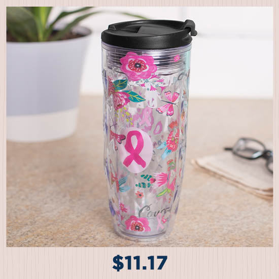 Pink Ribbon Garden Travel Tumbler - $11.17
