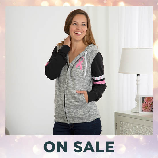 Pink Ribbons & Stripes Heathered Zip Hoodie - On Sale