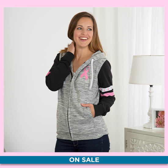 Pink Ribbons & Stripes Heathered Zip Hoodie - On Sale