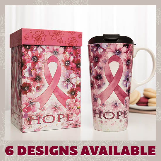 Pink Ribbon Gift Boxed Ceramic Travel Mug - 6 Designs Available