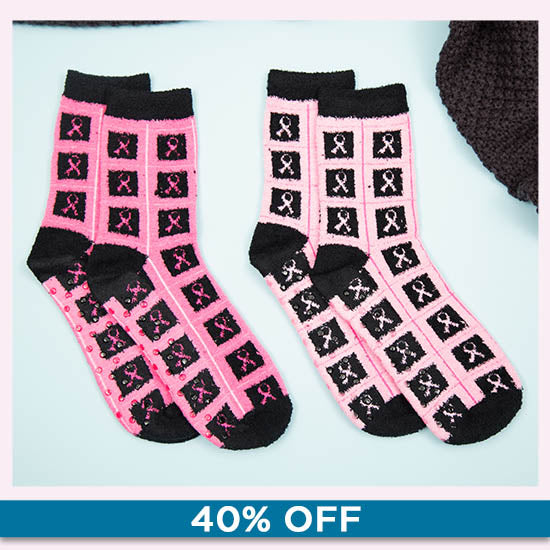 Super Cozy™ Pink Ribbon Slipper Socks - Set of 2 - 40% OFF