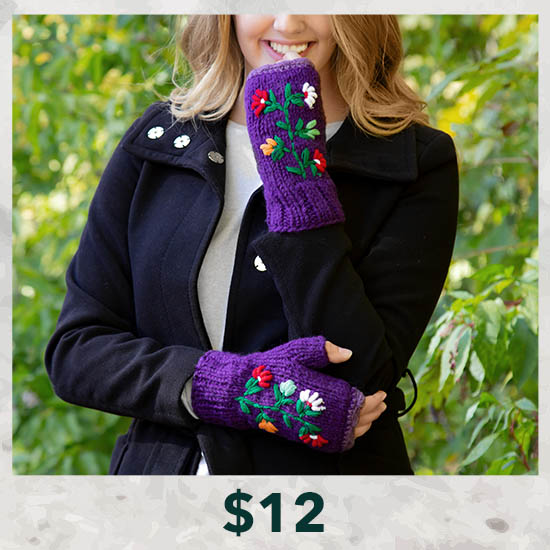 Flower Embroidery Fingerless Mittens - $12