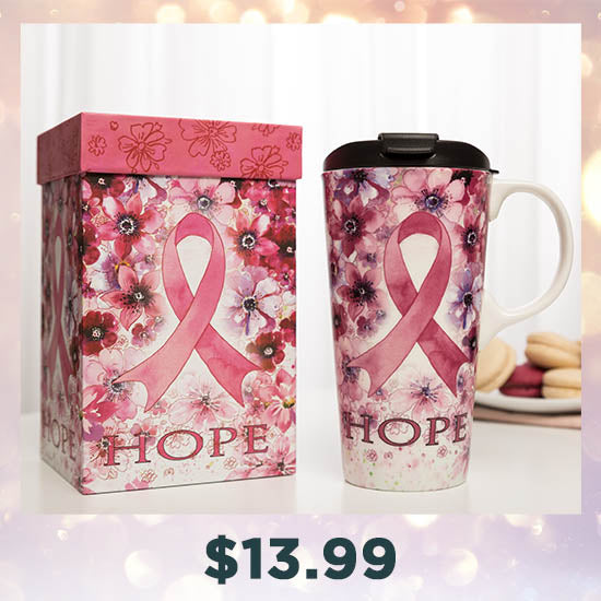 Pink Ribbon Gift Boxed Ceramic Travel Mug - $13.99