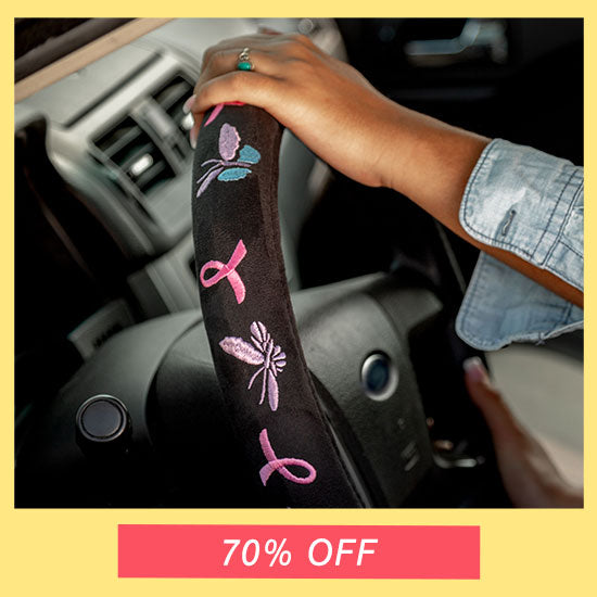 Embroidered Pink Ribbons & Butterflies Steering Wheel Cover - 70% OFF