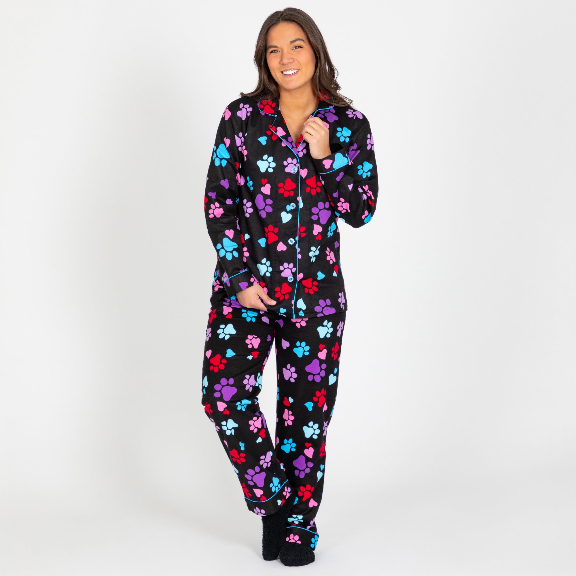 Women's Loving Paws Flannel Pajama Set , Paw Print Pajama Set - M