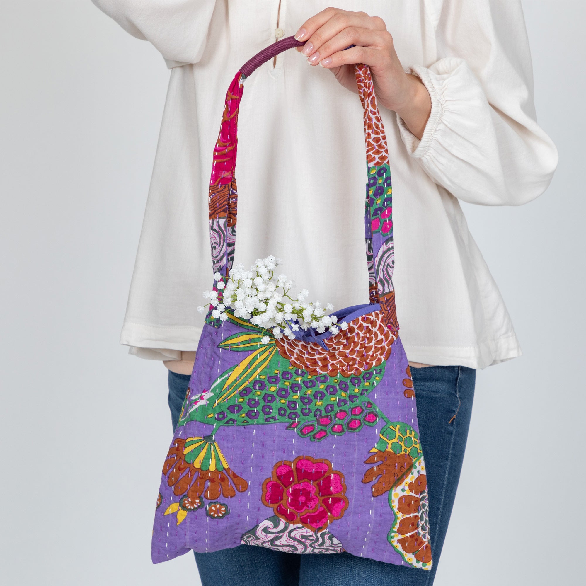 Hand Stitched Kantha Hobo Bag - Purple