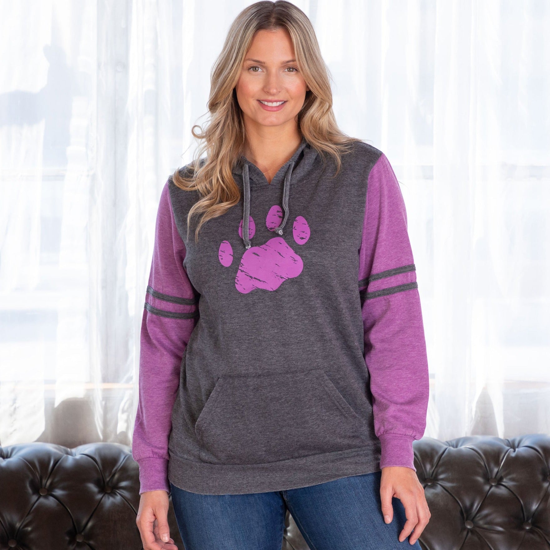 Women's Paw Print Burnout Pullover Hoodie - Purple - XL