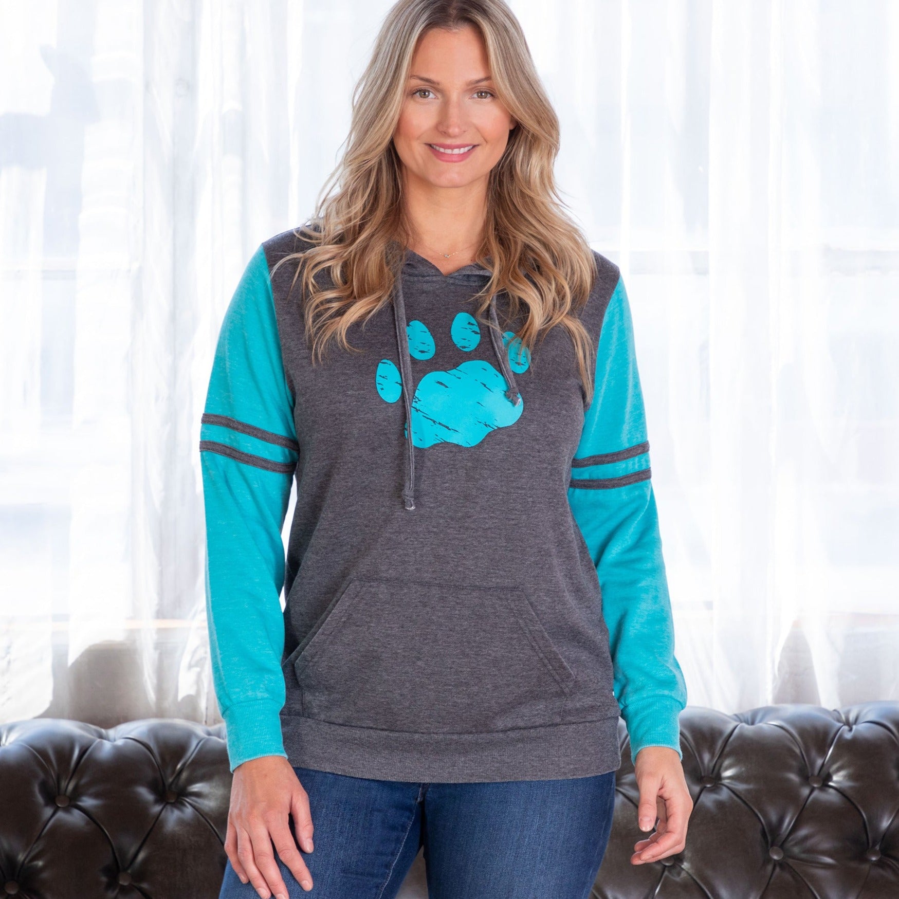 Women's Paw Print Burnout Pullover Hoodie - Teal - 1X