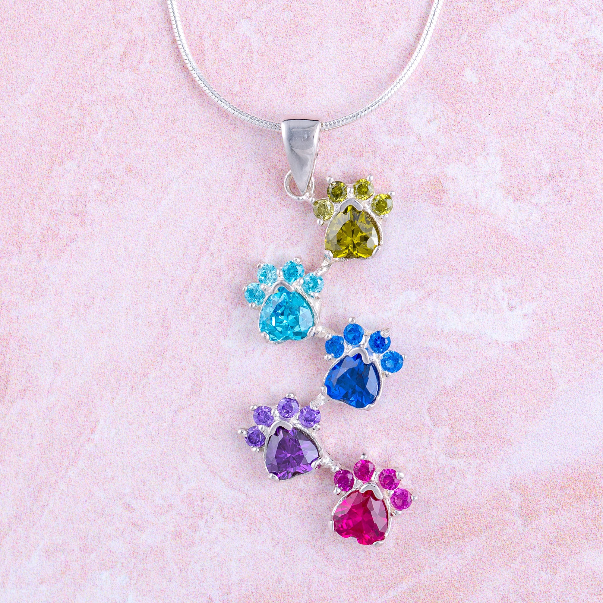 Rainbow Of Paws Sterling Necklace - With Diamond Cut Chain