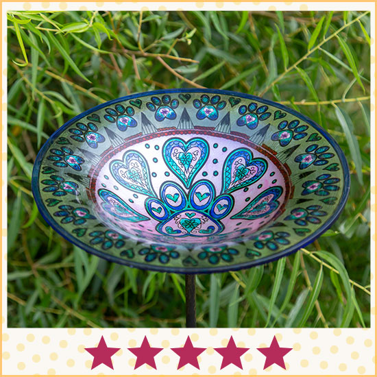 Paws & Hearts Medallion Glass Bird Bath - ★★★★★