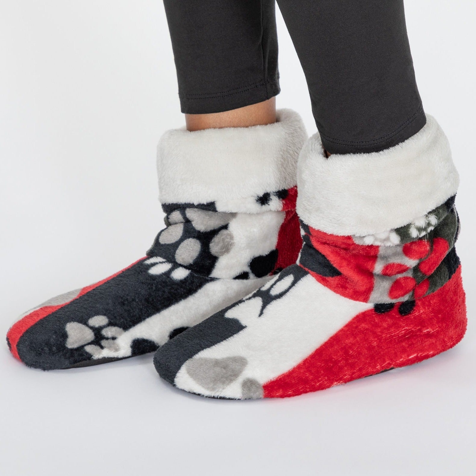 Super Cozy™ Paw Print Fleece Slipper Booties - Modern Paws In Merlot - L/XL