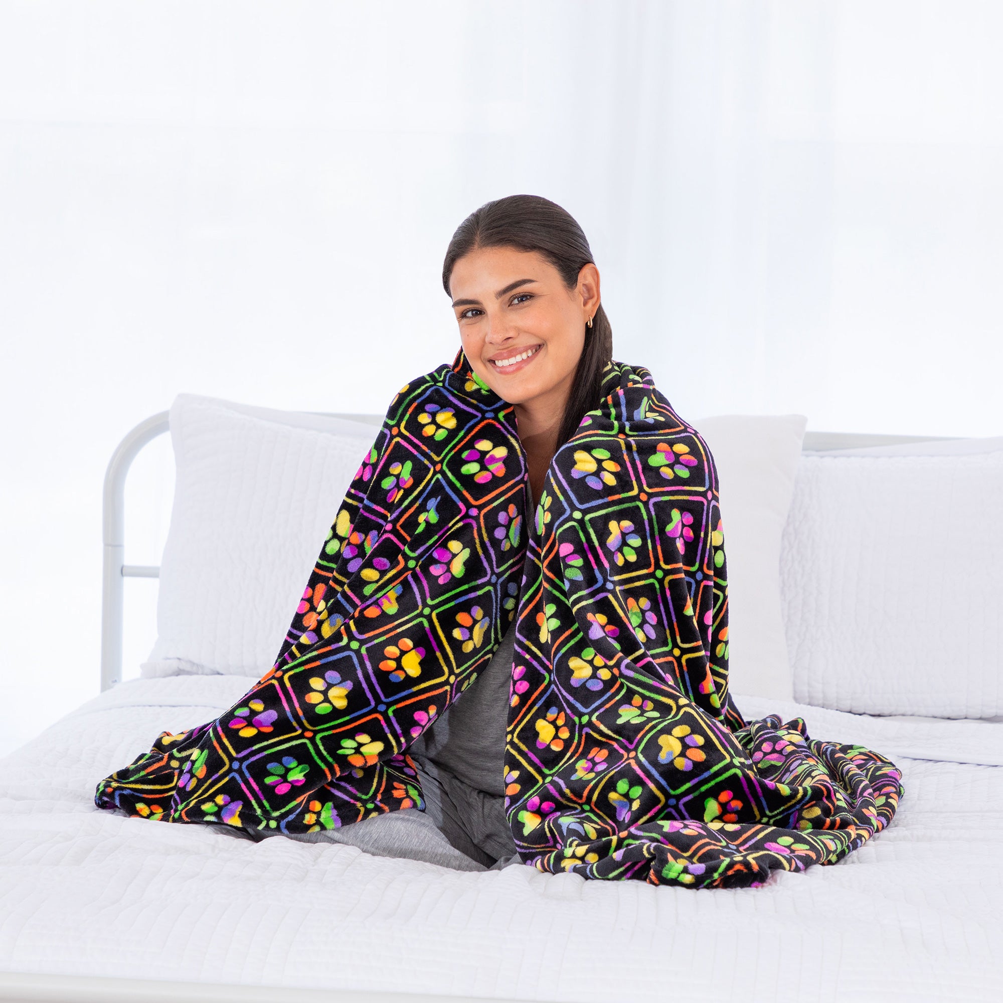 Super Cozy™ Paw Print Fleece Blanket & Pillowcase Set - Neon Grid Paws - King Blanket