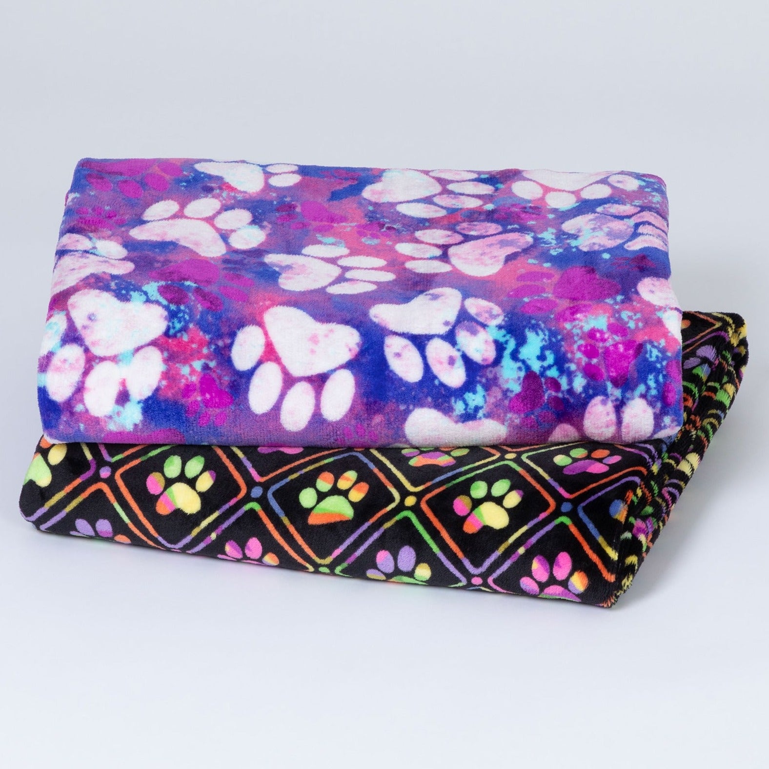 Super Cozy™ Paw Print Fleece Blanket & Pillowcase Set - Neon Grid Paws - Queen Blanket