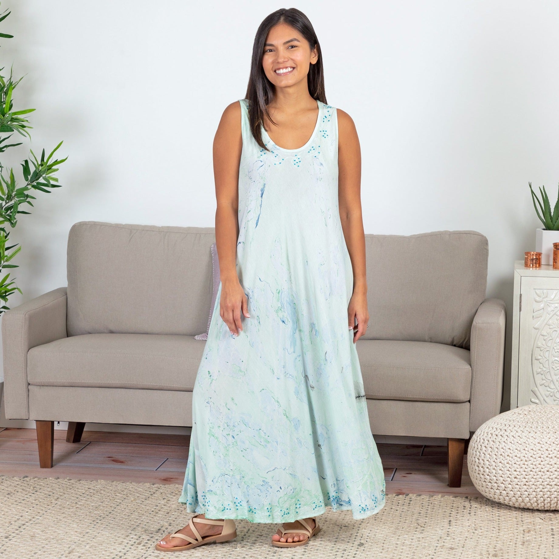 Marble Tie-Dye Long Dress - Green - OSFM Plus