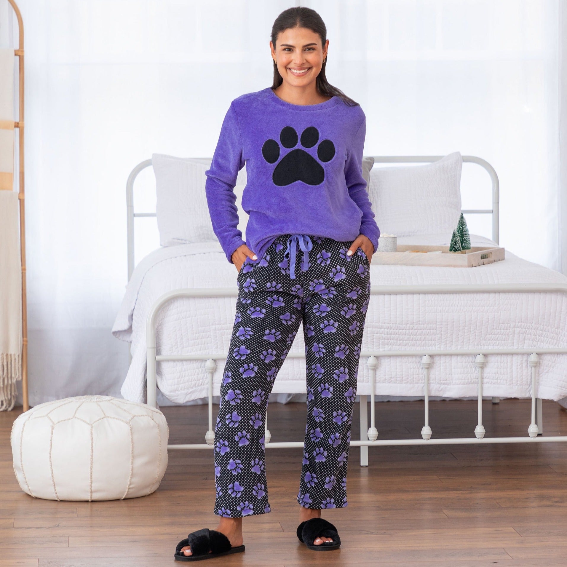 Polka Dot Paw Print Women's Fleece Pajama Set - Lavender - L