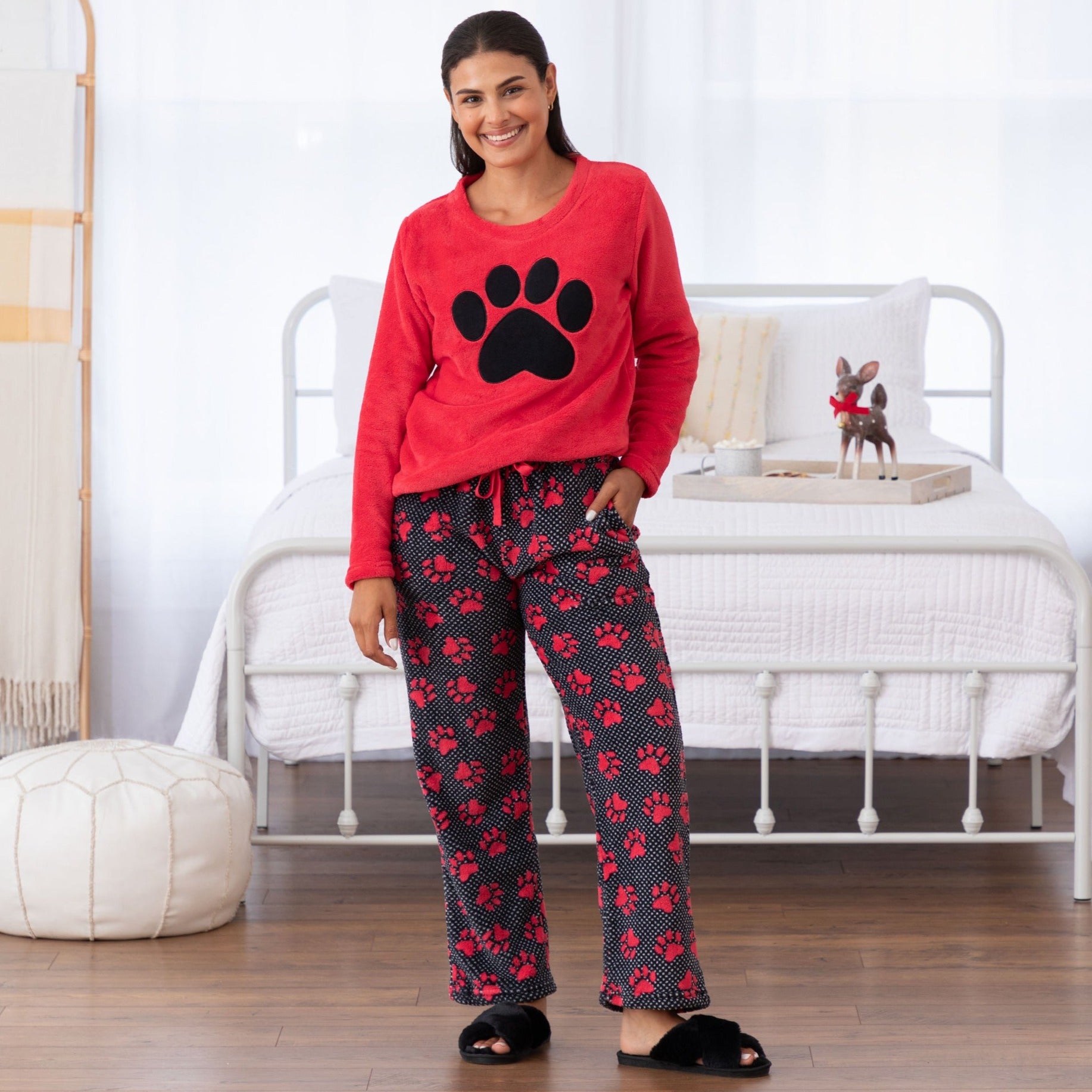 Polka Dot Paw Print Women's Fleece Pajama Set - Red - XL