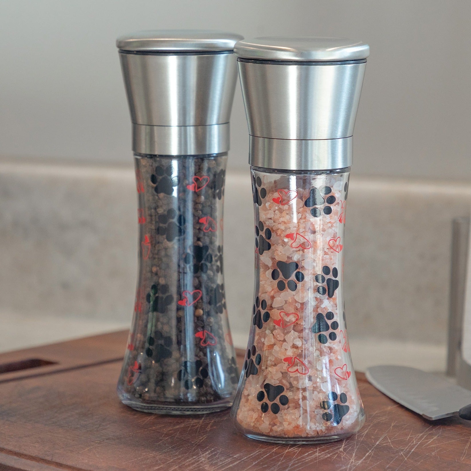 Modern Glass Salt & Pepper Grinders - Hearts & Paws