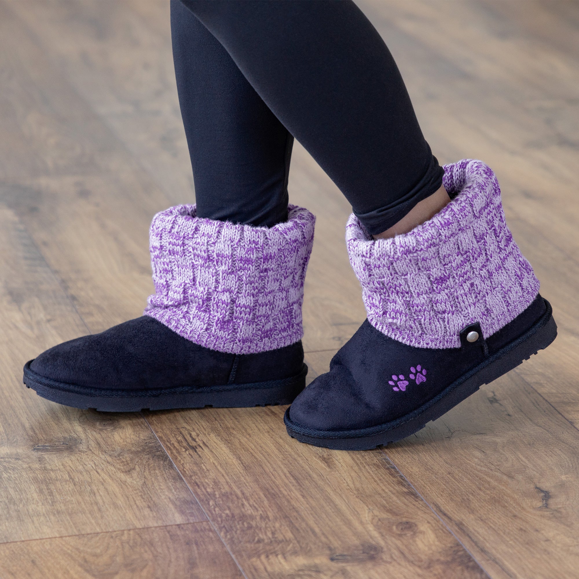 Paw Print Knit Ankle Boots - Black/Purple - 6