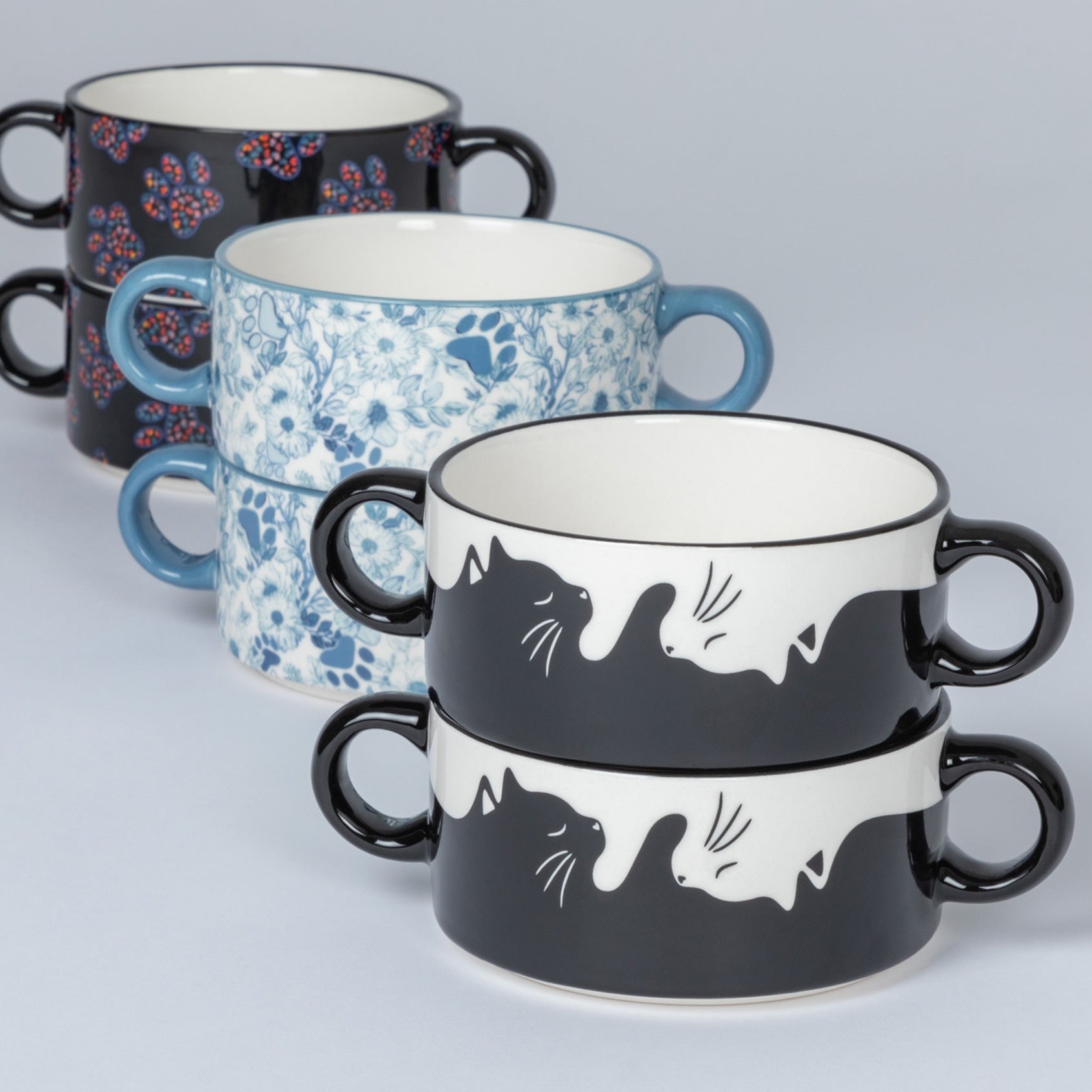 Double Handle Soup Cups - Set Of 2 - Checkerboard Paws