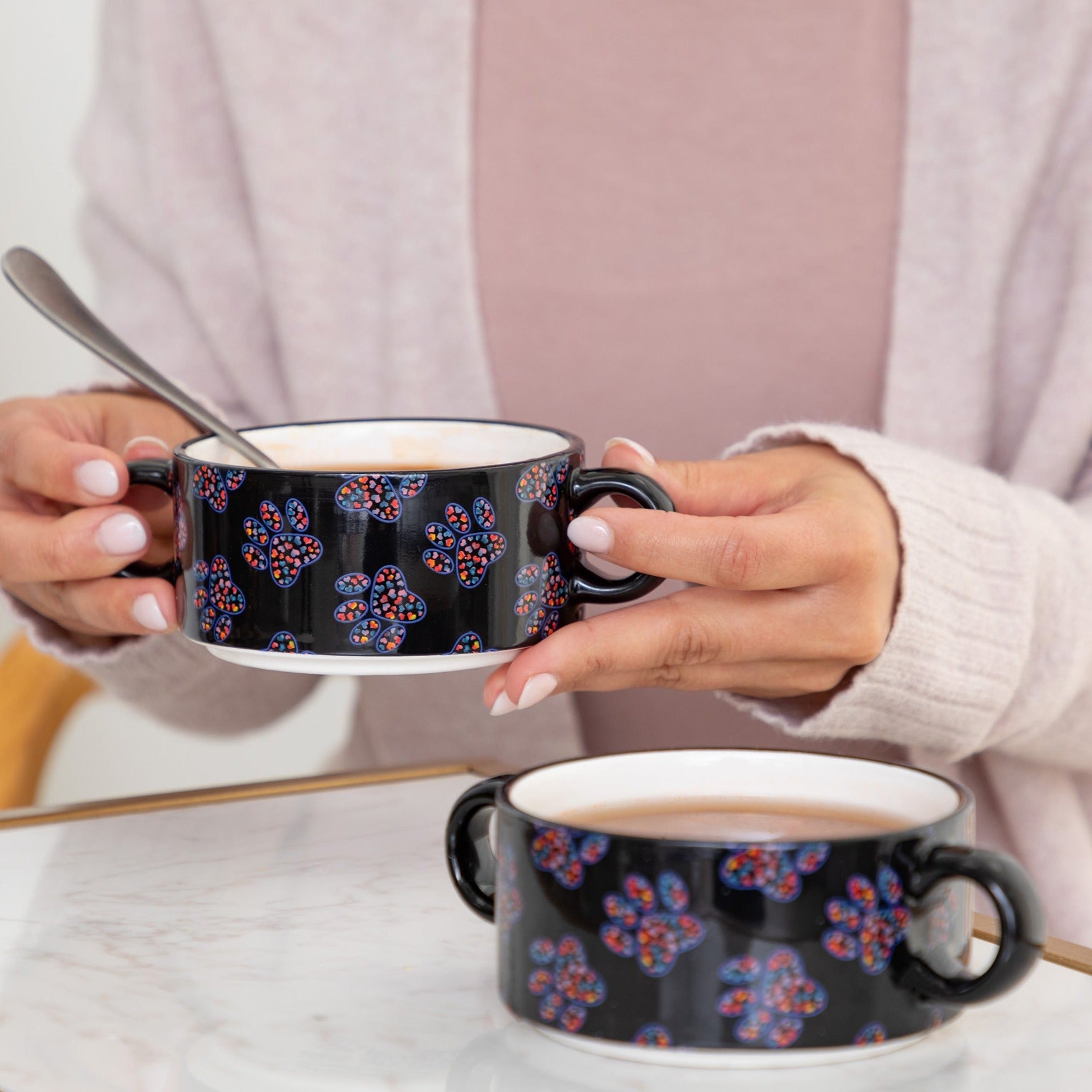 Double Handle Soup Cups - Set Of 2 - Paw Of Hearts