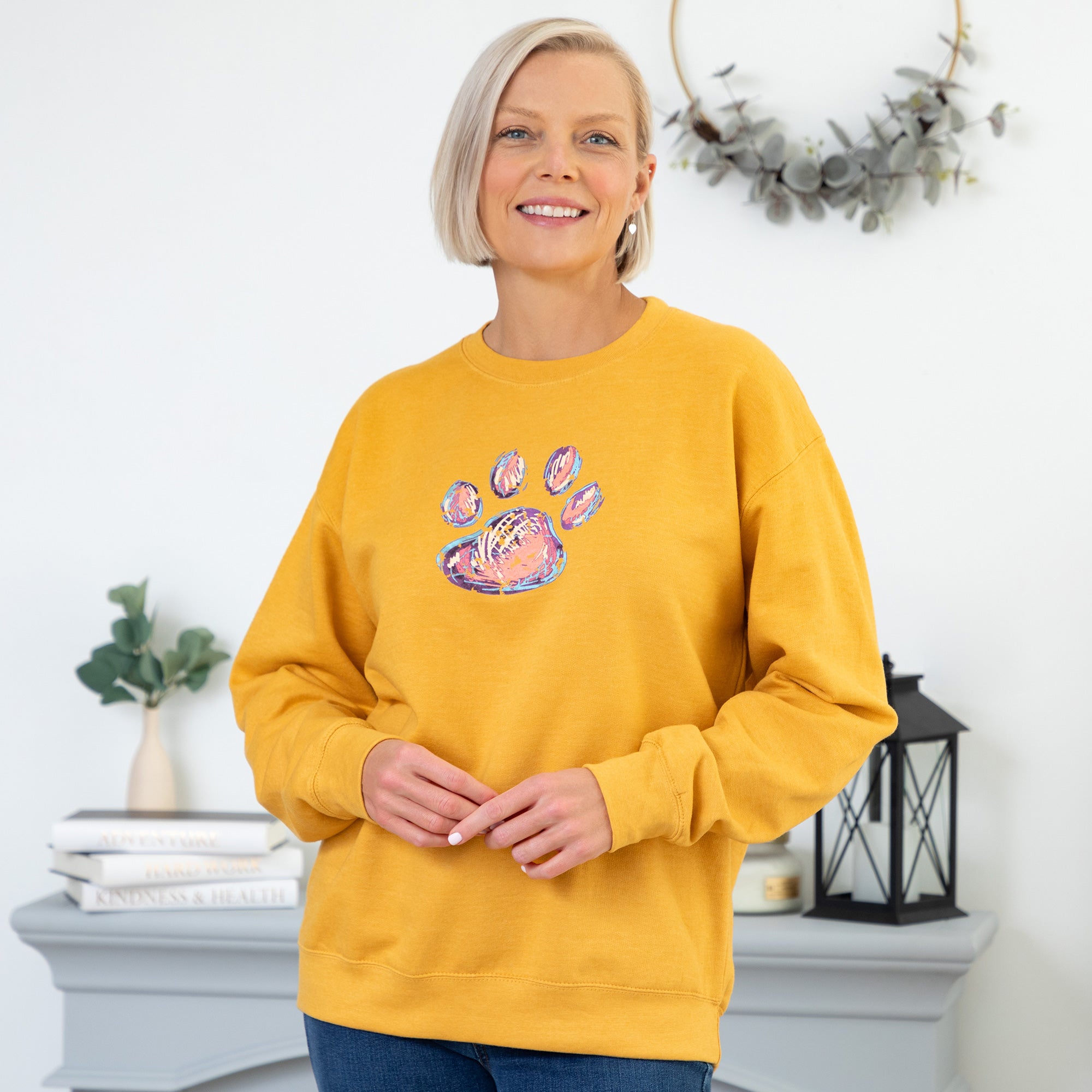 Mixed Media Paw Crewneck Sweatshirt - Yellow - M