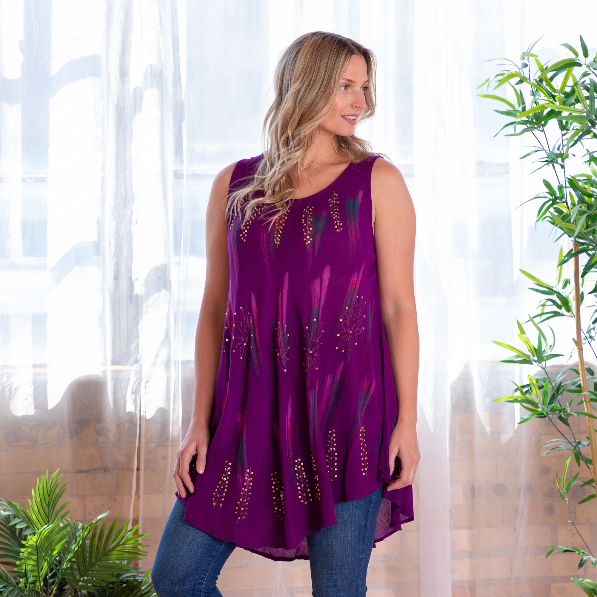 Brushed Stroke Sleeveless Tunic - Raspberry - OSFM