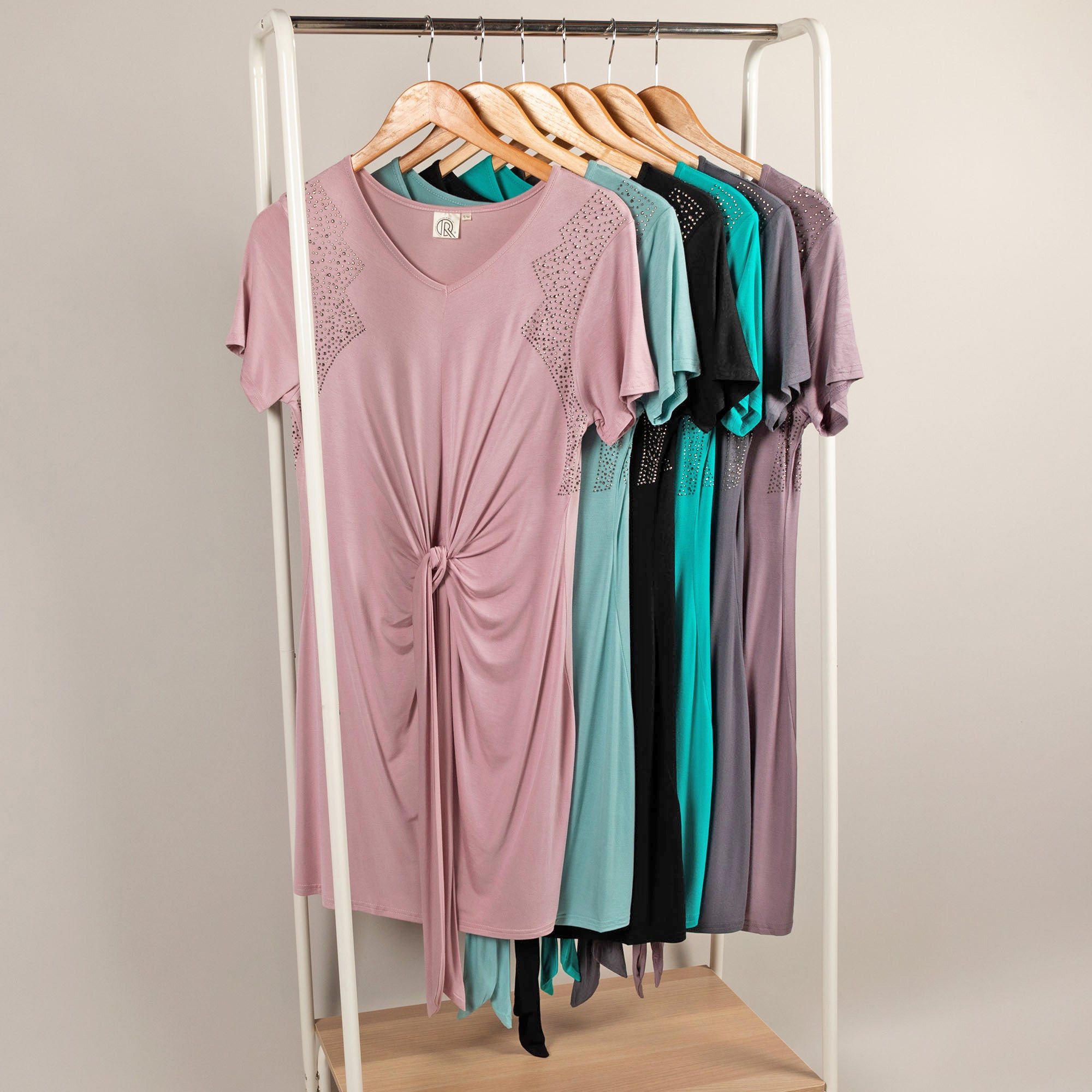 Twist Tie-Front Short Sleeve Dress With Rhinestones - Mauve - L/XL